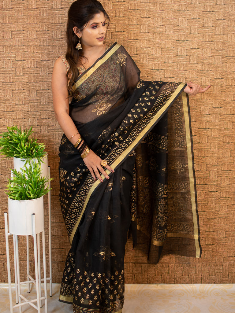 Banarasi Kota Check Floral Gold Printed Saree-Black