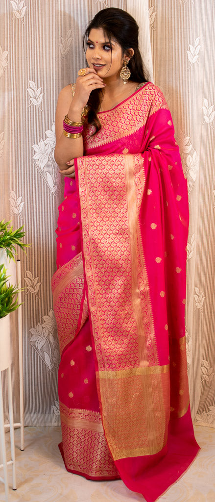 Banarasi Chanderi Cotton Zari Buti Weaving & Skirt Border-Pink