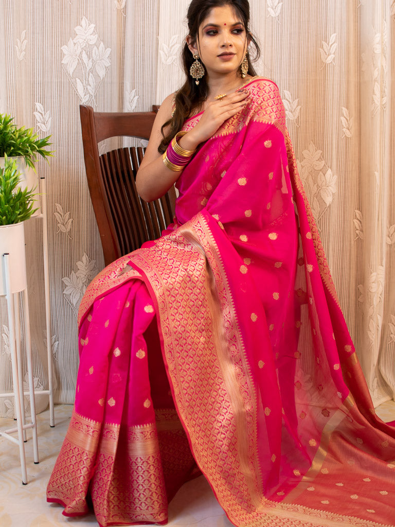 Banarasi Chanderi Cotton Zari Buti Weaving & Skirt Border-Pink