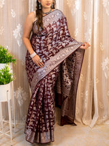 Banarasi Kora Saree With Silver Jaal Zari Weaving-Wine