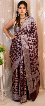 Banarasi Kora Saree With Silver Jaal Zari Weaving-Wine