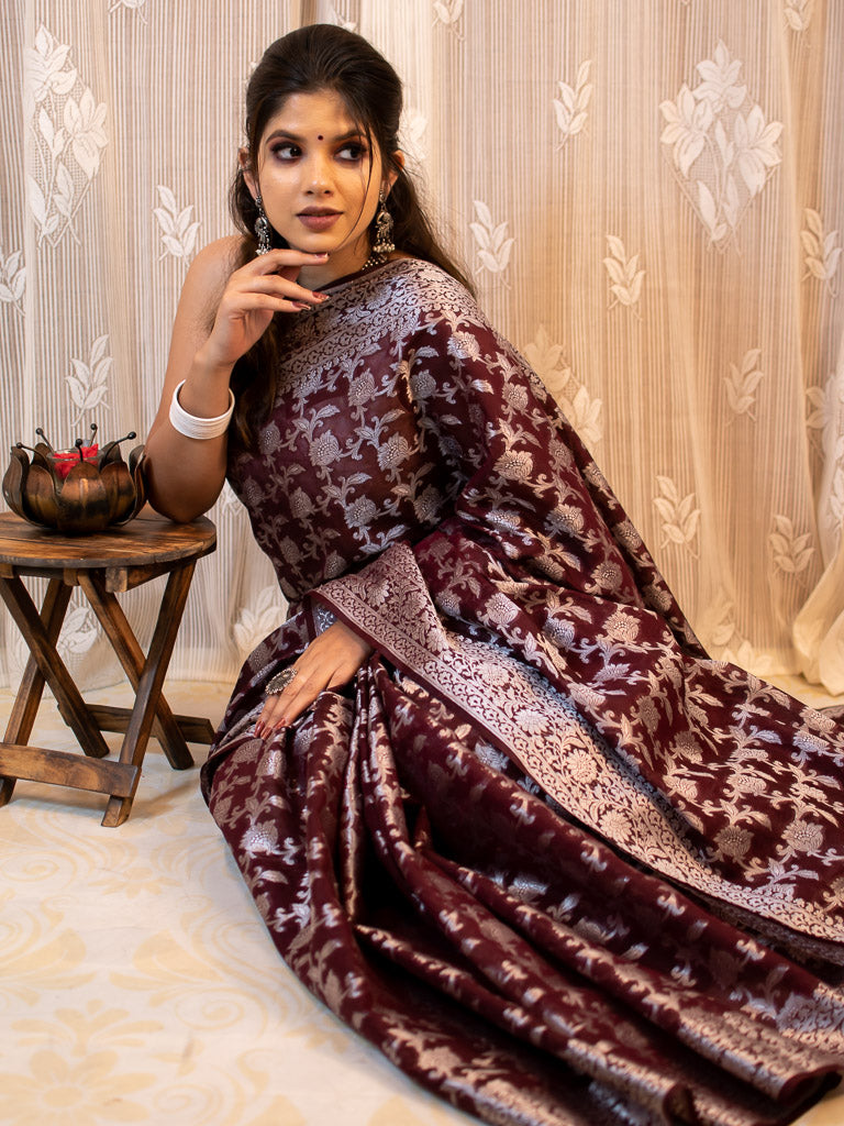 Banarasi Kora Saree With Silver Jaal Zari Weaving-Wine