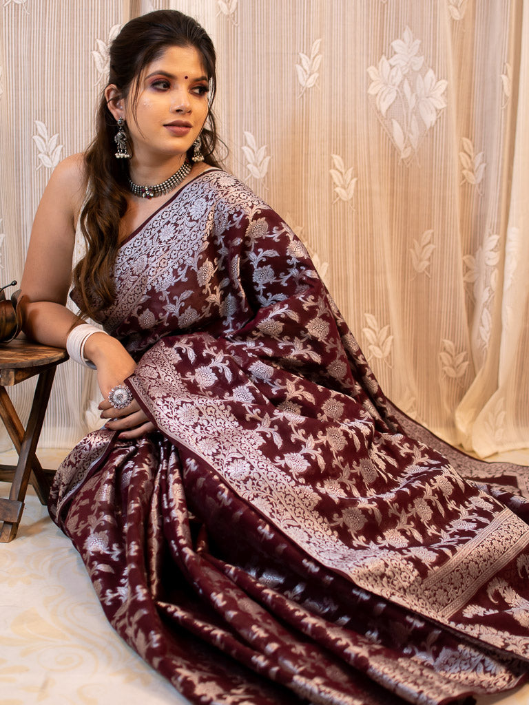 Banarasi Kora Saree With Silver Jaal Zari Weaving-Wine