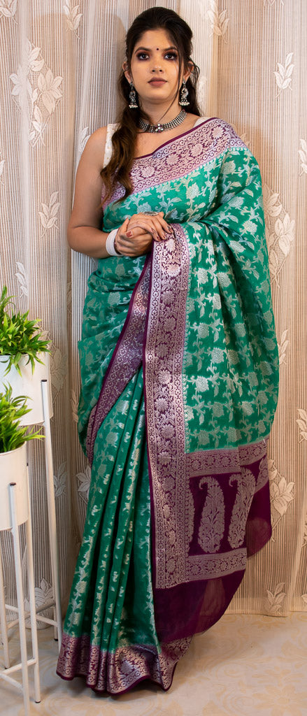 Banarasi Kora Saree With Silver Jaal Zari Weaving & Contrast Border-Green & Wine