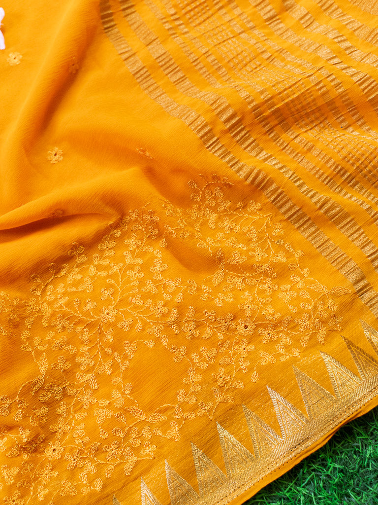 Banarasi Semi Chiffon Saree Gold Zari Buti Weaving & Floral Thread Embroidery-Yellow