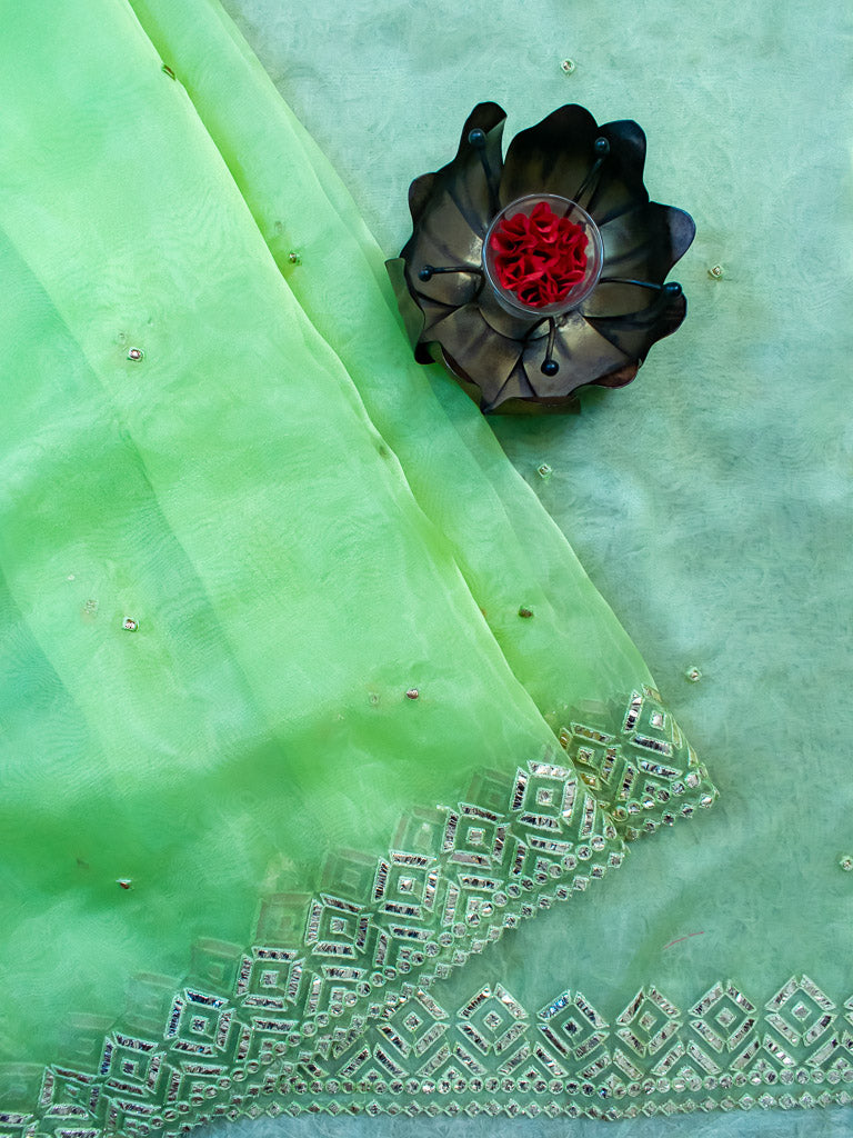 Stone Embroidered Organza Mix Saree-Green