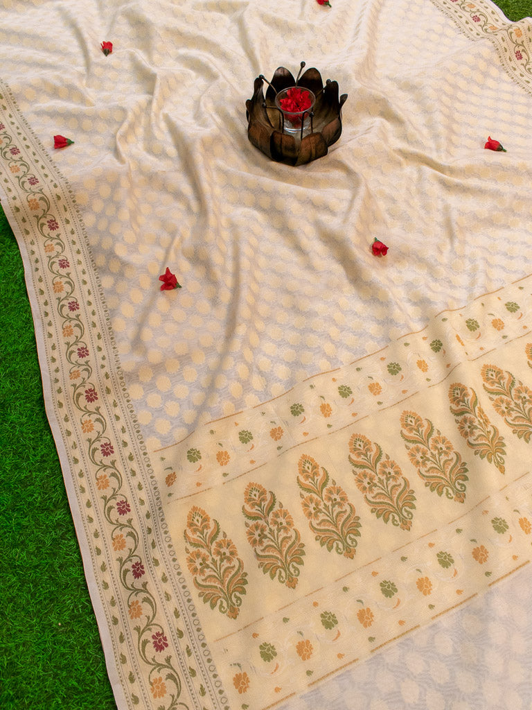 Banarasi Pure Cotton Saree Zari & Resham Buti Weaving-White