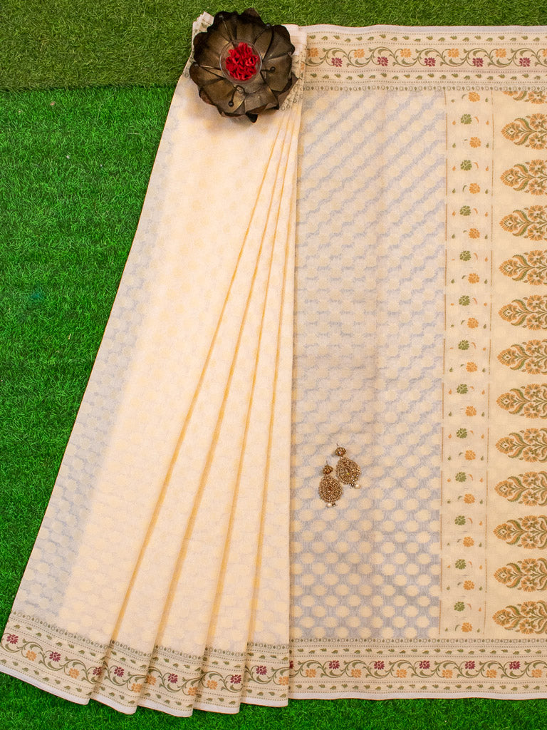 Banarasi Pure Cotton Saree Zari & Resham Buti Weaving-White