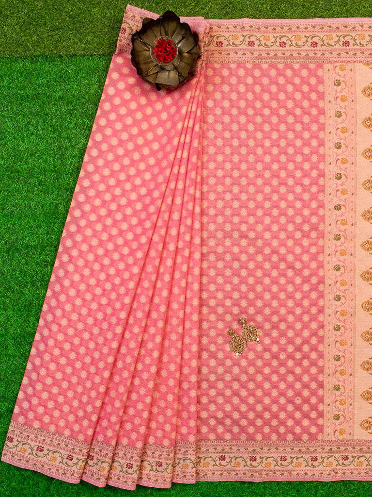 Banarasi Pure Cotton Saree Zari & Resham Buti Weaving-Pink