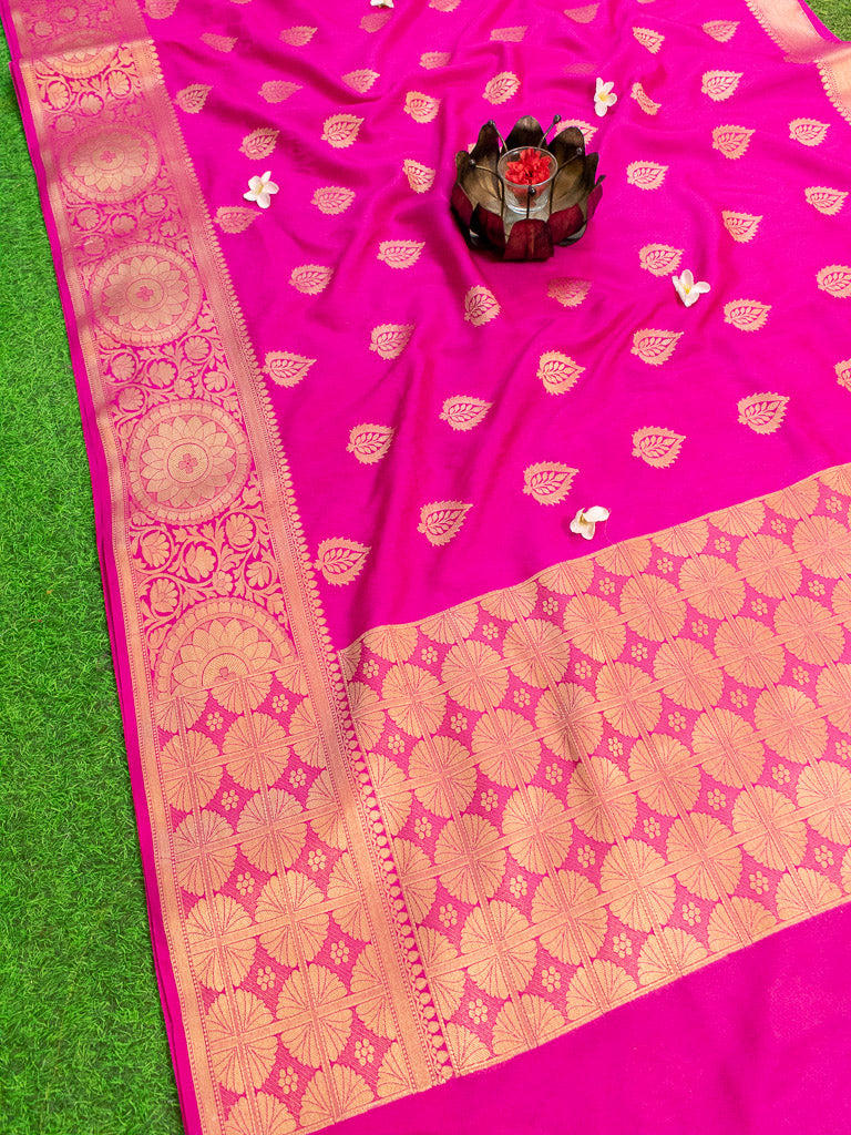 Banarasi Semi Chiffon Saree Antique Zari Buti Weaving Saree-Deep Pink