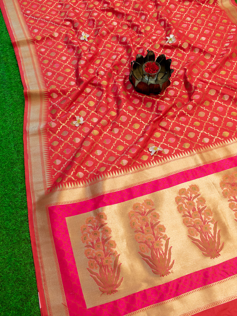 Banarasi Handloom Art Katan Silk Saree With Meena Jaal Weaving-Red