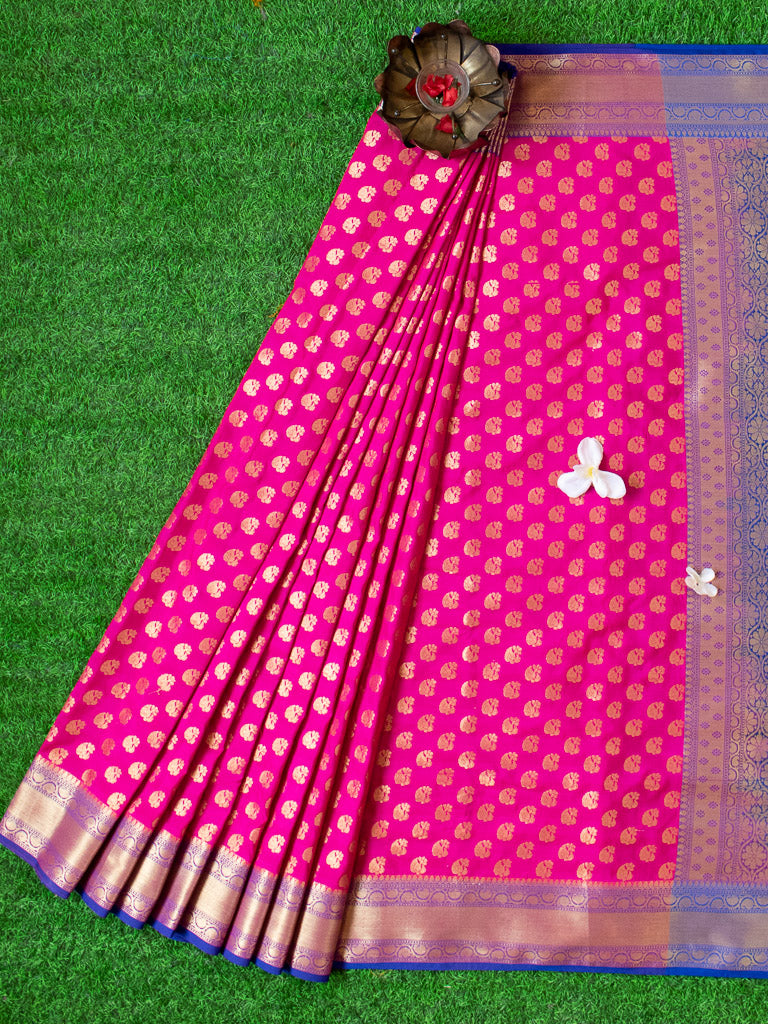 Banarasi Semi Silk Saree With Zari Buti Weaving & Contrast Border-Deep Pink