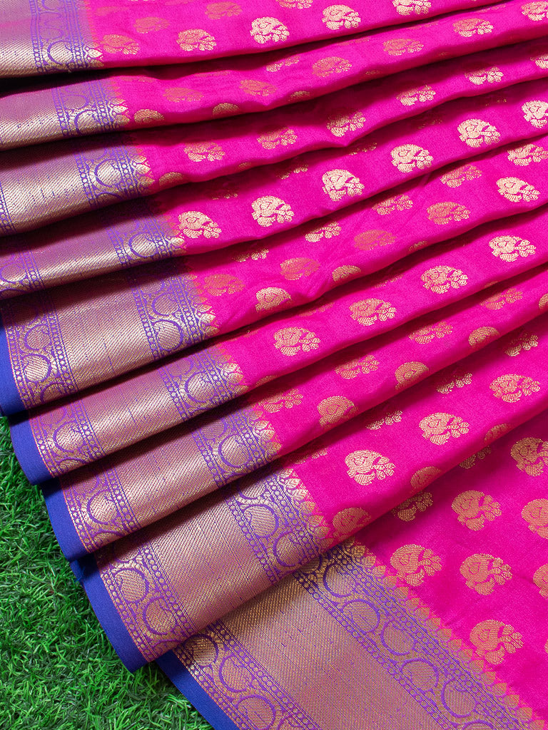 Banarasi Semi Silk Saree With Zari Buti Weaving & Contrast Border-Deep Pink