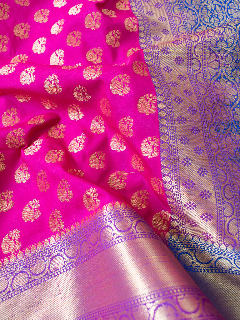 Banarasi Semi Silk Saree With Zari Buti Weaving & Contrast Border-Deep Pink