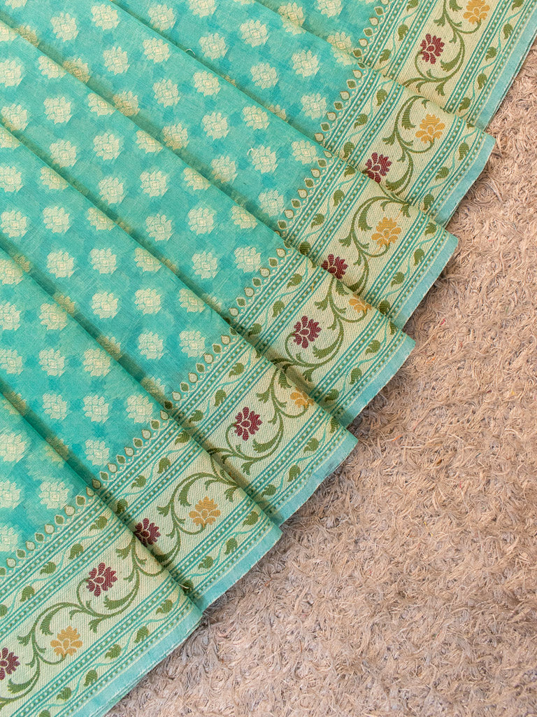 Banarasi Pure Cotton Saree Zari & Resham Buti Weaving-Blue