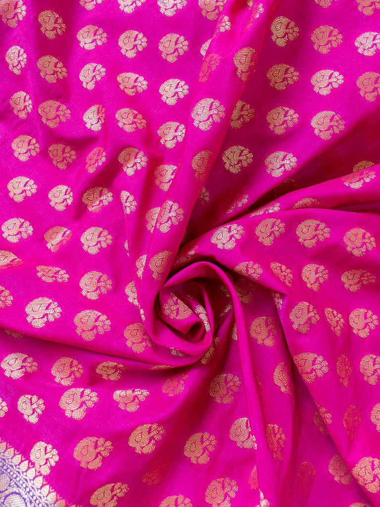 Banarasi Semi Silk Saree With Zari Buti Weaving & Contrast Border-Deep Pink