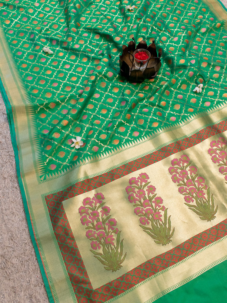 Banarasi Handloom Art Katan Silk Saree With Meena Jaal Weaving-Green