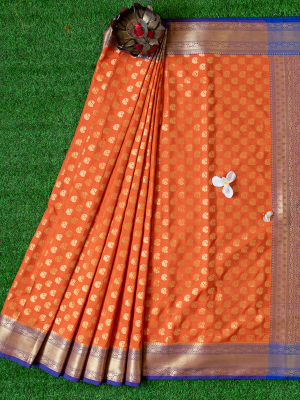 Banarasi Semi Silk Saree With Contrast Zari Buti Weaving Blue Border-Orange