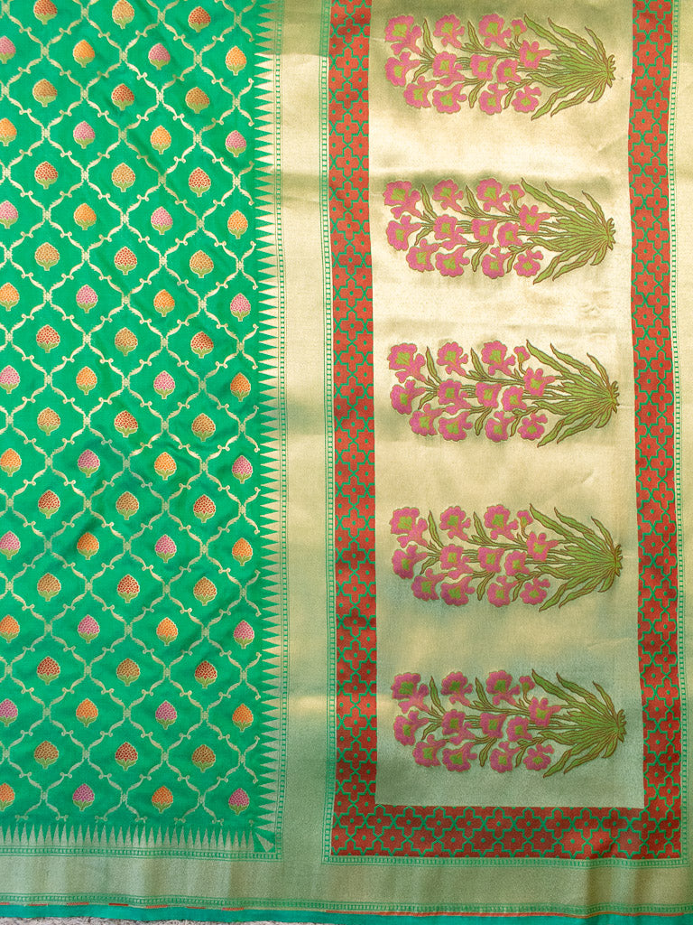 Banarasi Handloom Art Katan Silk Saree With Meena Jaal Weaving-Green