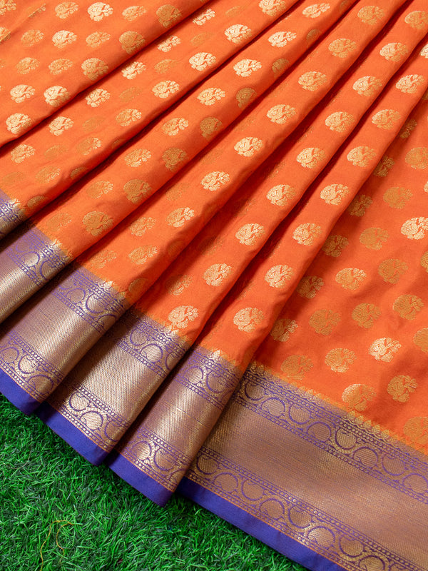 Banarasi Semi Silk Saree With Contrast Zari Buti Weaving Blue Border-Orange
