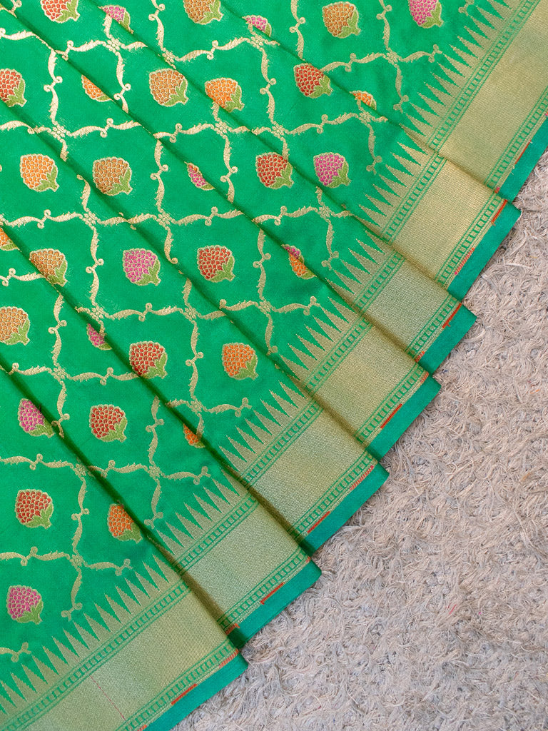 Banarasi Handloom Art Katan Silk Saree With Meena Jaal Weaving-Green