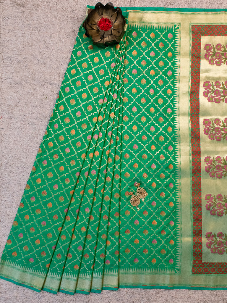 Banarasi Handloom Art Katan Silk Saree With Meena Jaal Weaving-Green