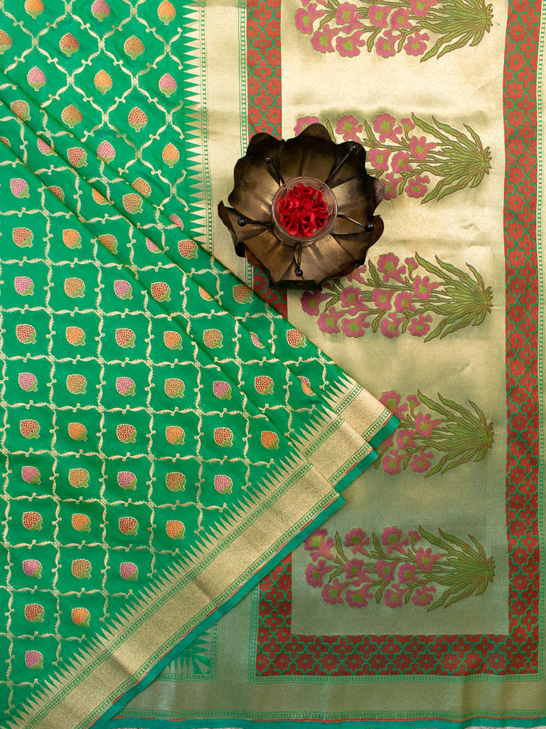 Banarasi Handloom Art Katan Silk Saree With Meena Jaal Weaving-Green