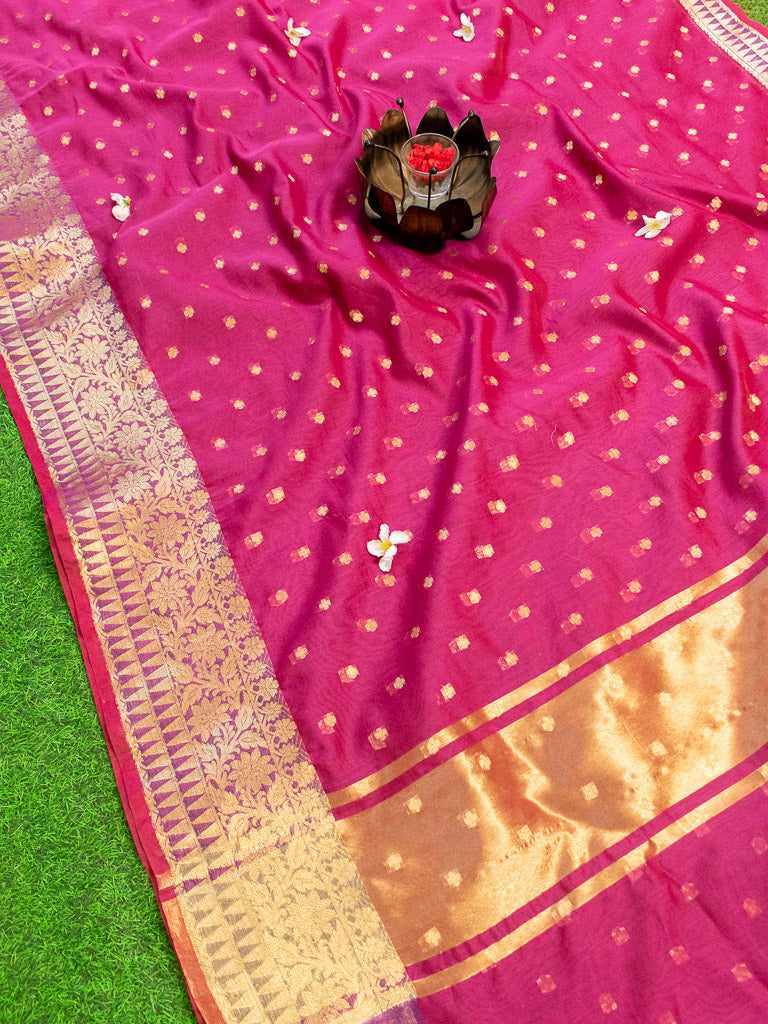 Banarasi Chanderi Cotton Zari Polka Dots Weaving-Magenta