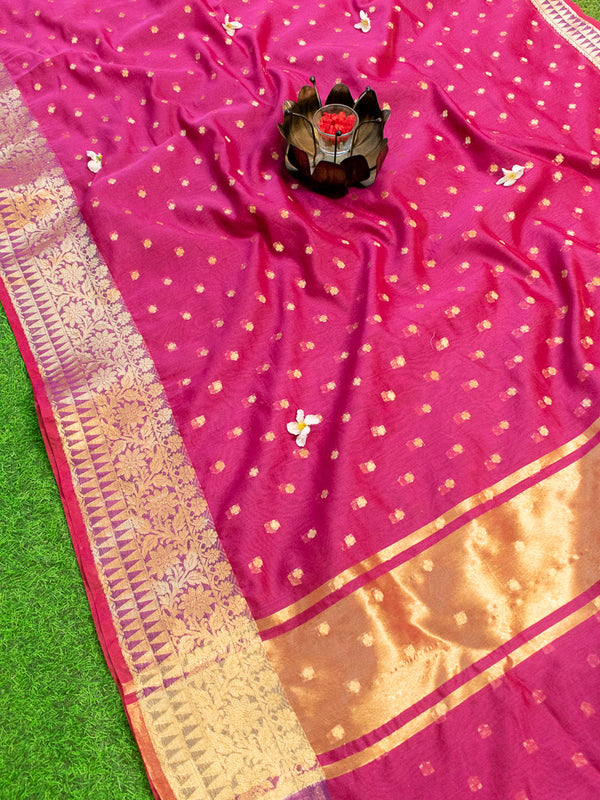 Banarasi Chanderi Cotton Zari Polka Dots Weaving-Magenta