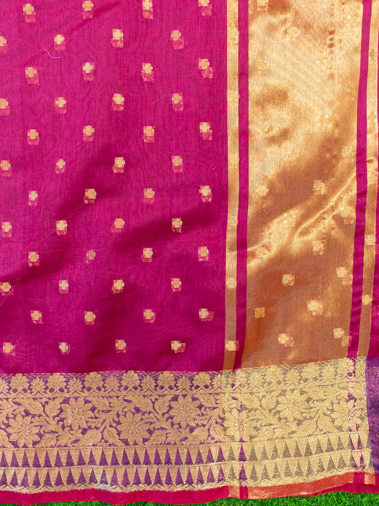 Banarasi Chanderi Cotton Zari Polka Dots Weaving-Magenta