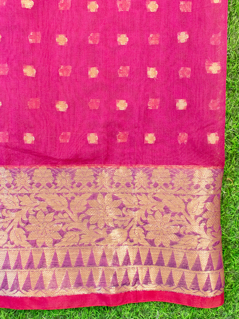 Banarasi Chanderi Cotton Zari Polka Dots Weaving-Magenta