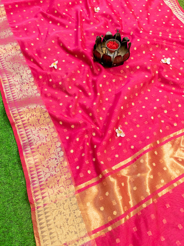 Banarasi Chanderi Cotton Zari Polka Dots Weaving-Red