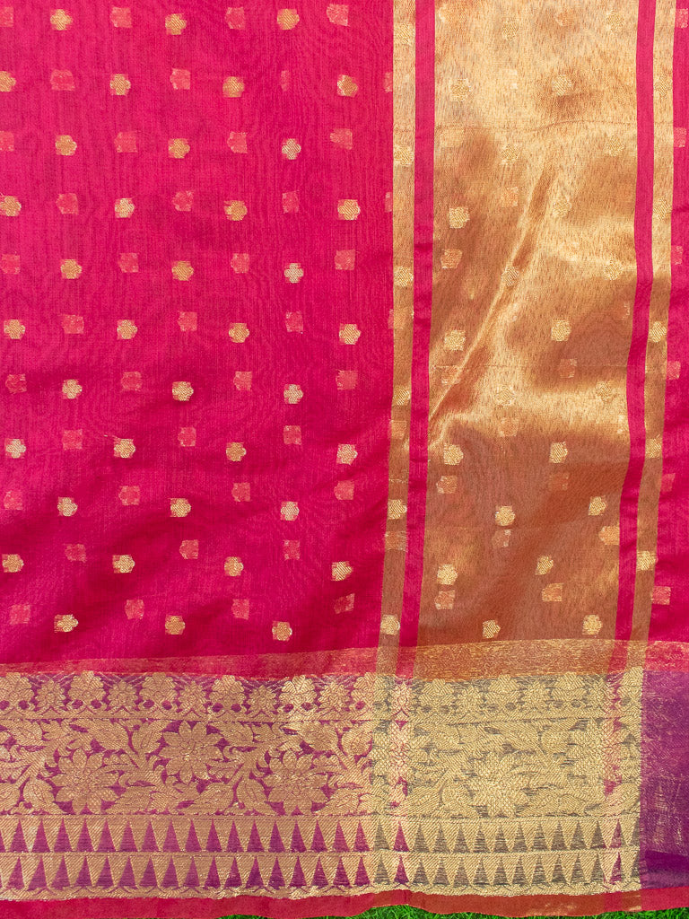 Banarasi Chanderi Cotton Zari Polka Dots Weaving-Red