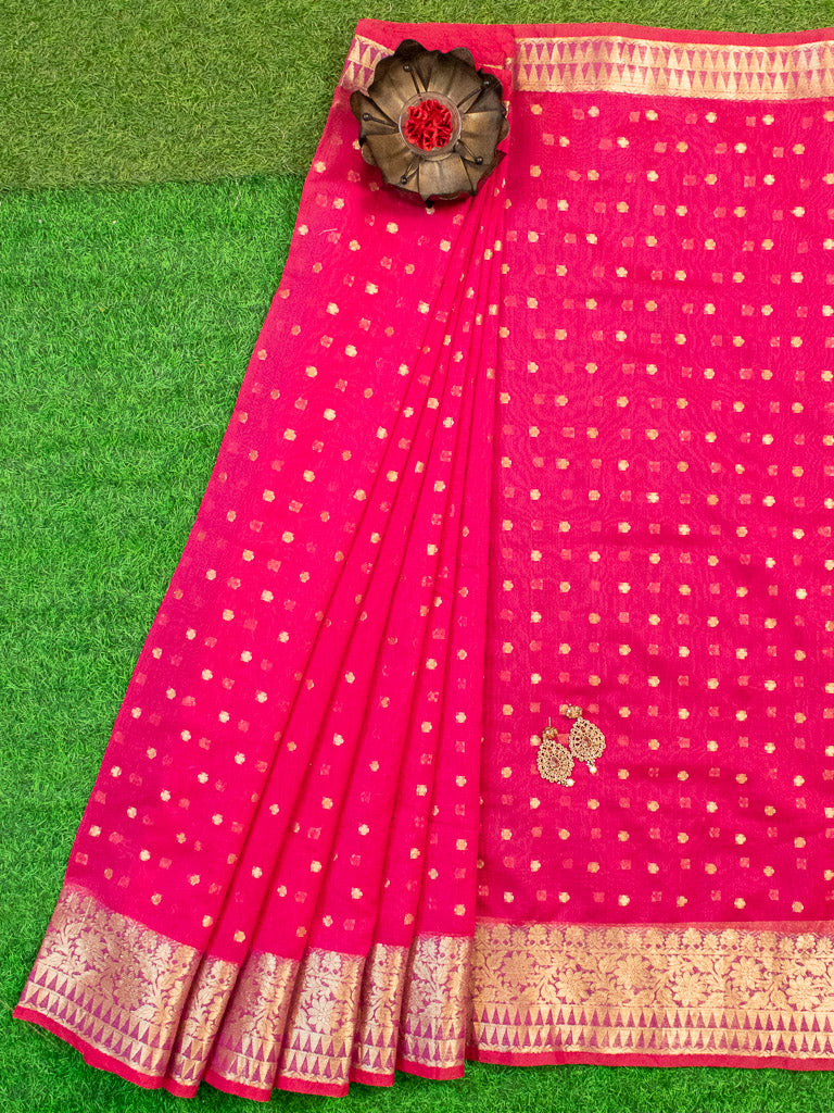 Banarasi Chanderi Cotton Zari Polka Dots Weaving-Red