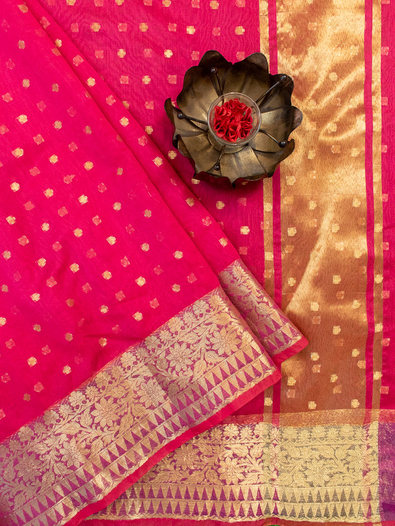 Banarasi Chanderi Cotton Zari Polka Dots Weaving-Red