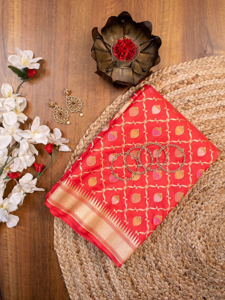 Banarasi Handloom Art Katan Silk Saree With Meena Jaal Weaving-Red