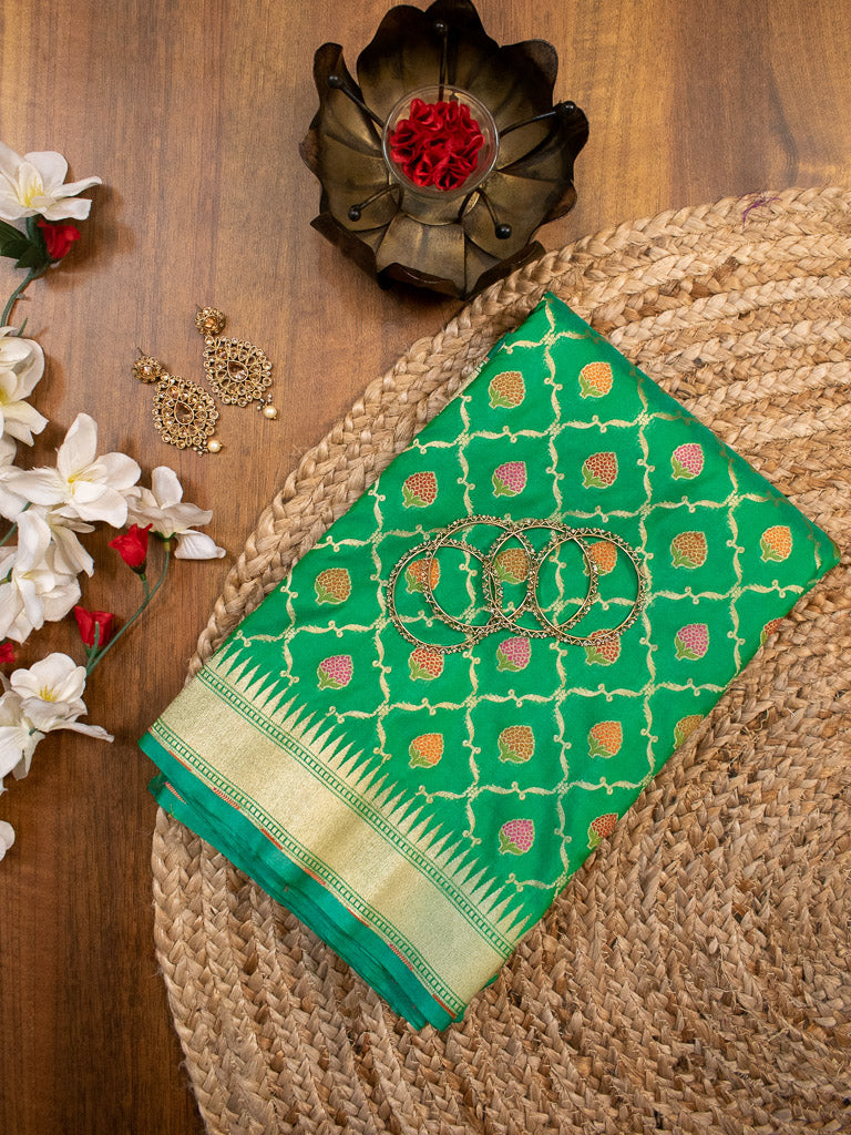 Banarasi Handloom Art Katan Silk Saree With Meena Jaal Weaving-Green