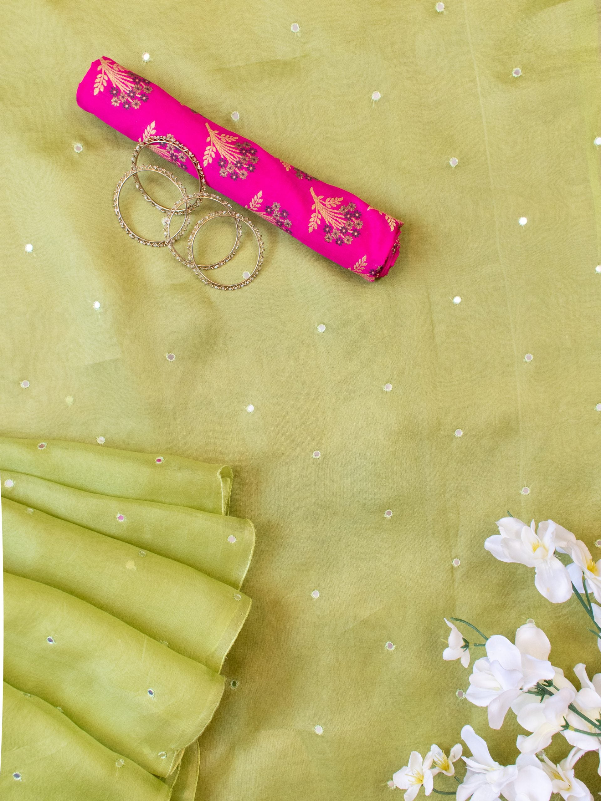 Embroidered Pure Organza Saree With Contrast Brocade Blouse-Green