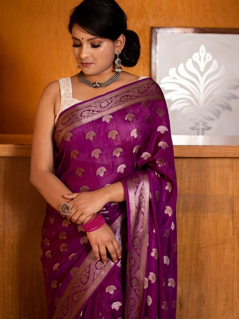 Banarasi Semi Chiffon Saree Antique Zari Buti Weaving Saree-Deep Purple