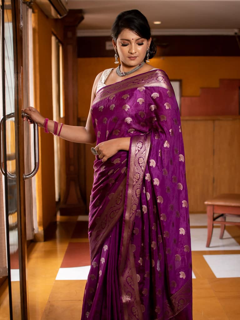 Banarasi Semi Chiffon Saree Antique Zari Buti Weaving Saree-Deep Purple