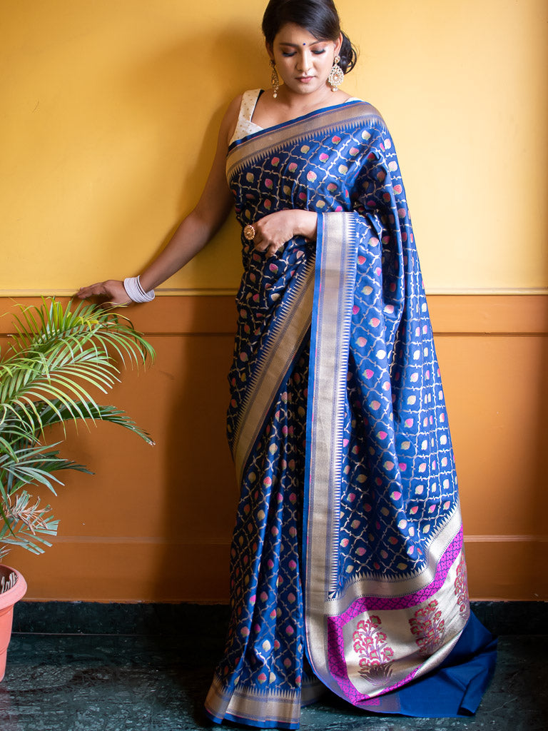 Banarasi Handloom Art Katan Silk Saree With Meena Jaal Weaving-Blue