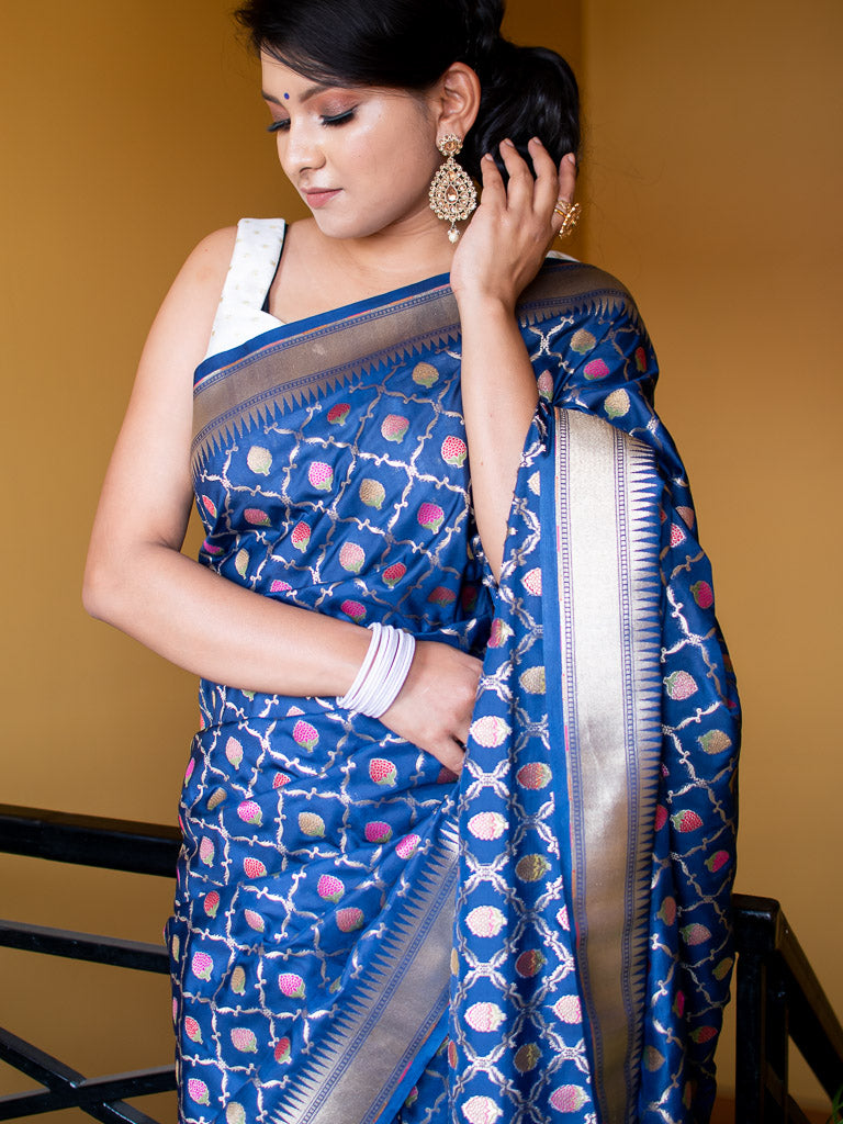 Banarasi Handloom Art Katan Silk Saree With Meena Jaal Weaving-Blue