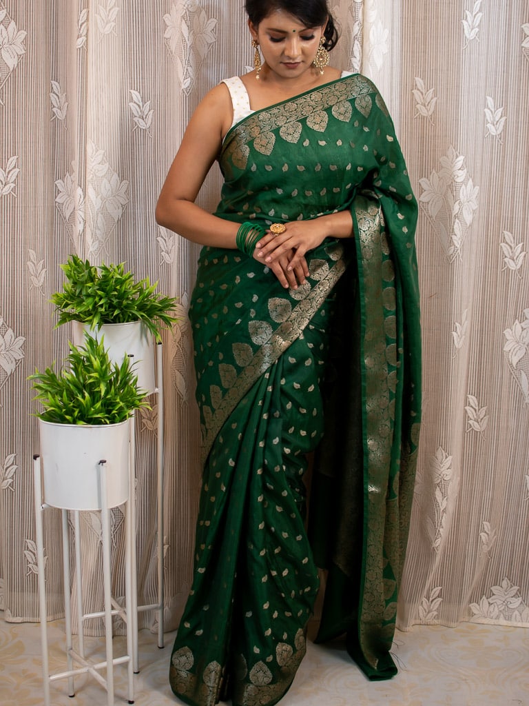 Banarasi Semi Chiffon Saree Antique Zari Buti Weaving Saree-Green