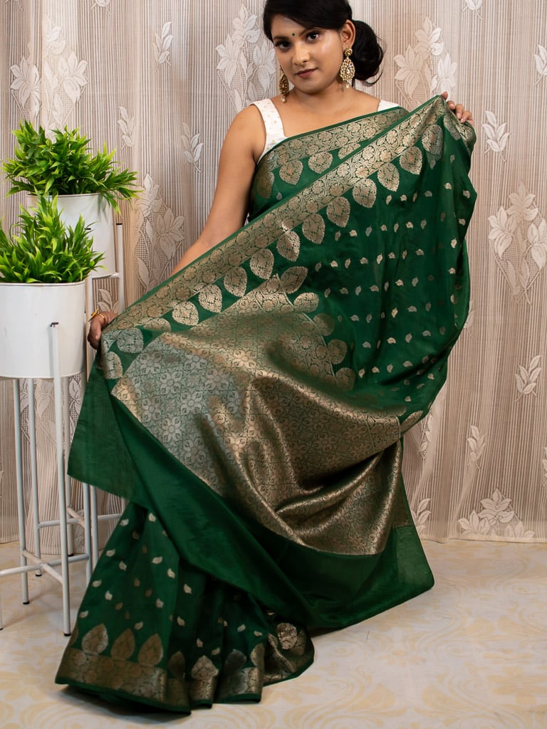 Banarasi Semi Chiffon Saree Antique Zari Buti Weaving Saree-Green