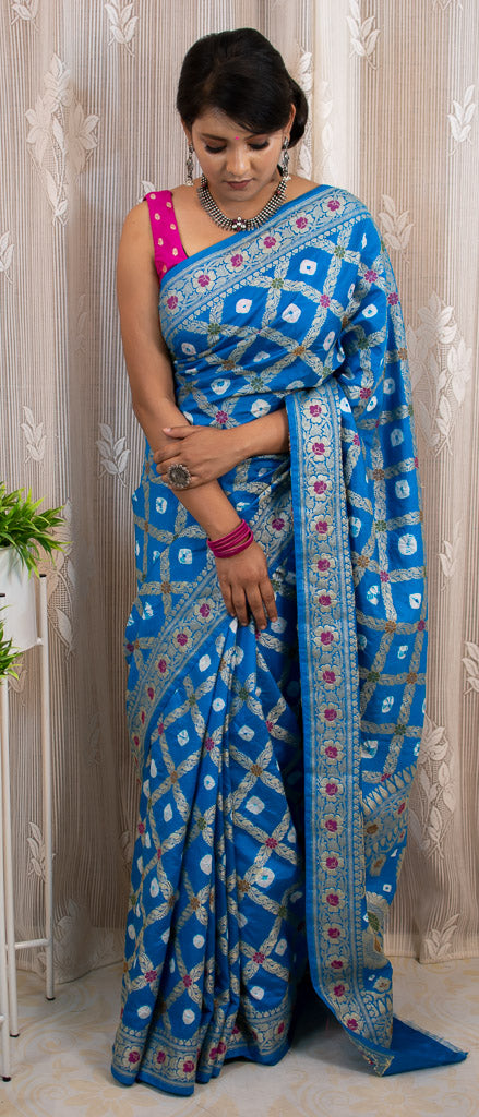 Banarasi Semi Silk Bandhini Saree With Aada Zari & Meena Jaal Weaving-Blue