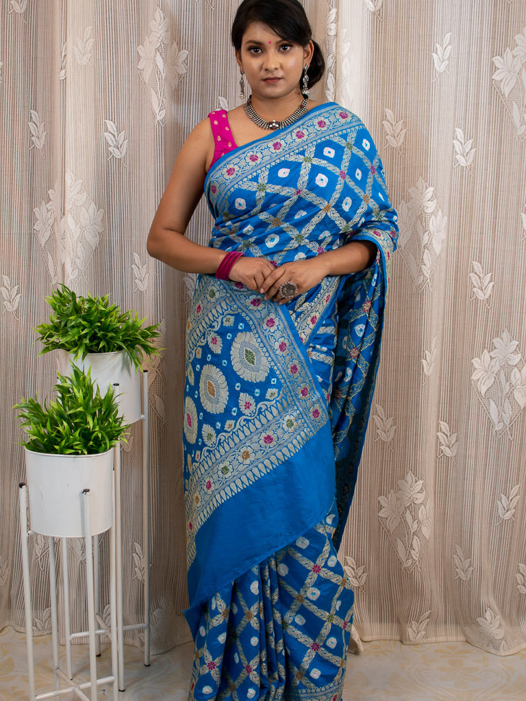 Banarasi Semi Silk Bandhini Saree With Aada Zari & Meena Jaal Weaving-Blue