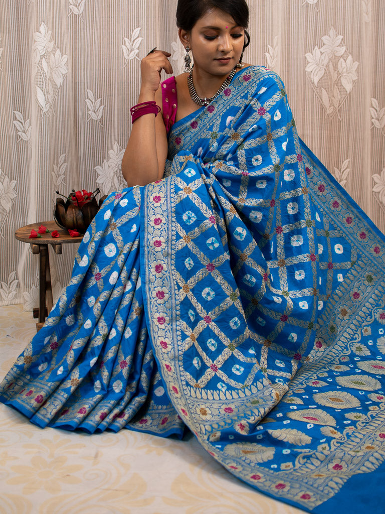 Banarasi Semi Silk Bandhini Saree With Aada Zari & Meena Jaal Weaving-Blue