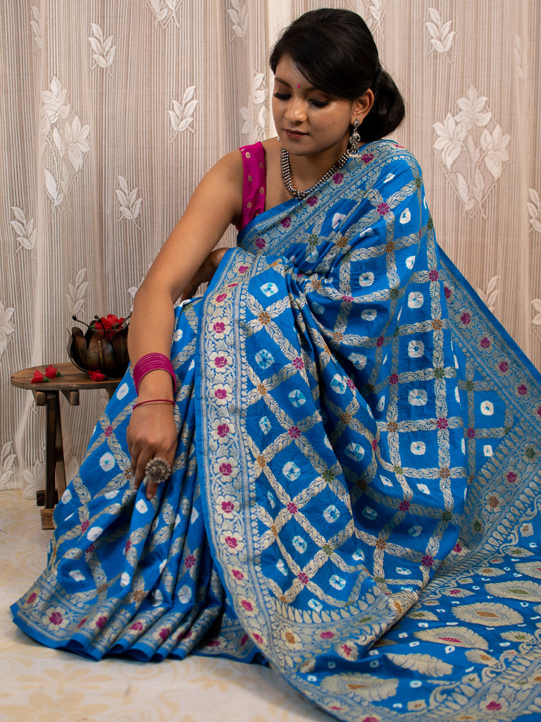 Banarasi Semi Silk Bandhini Saree With Aada Zari & Meena Jaal Weaving-Blue