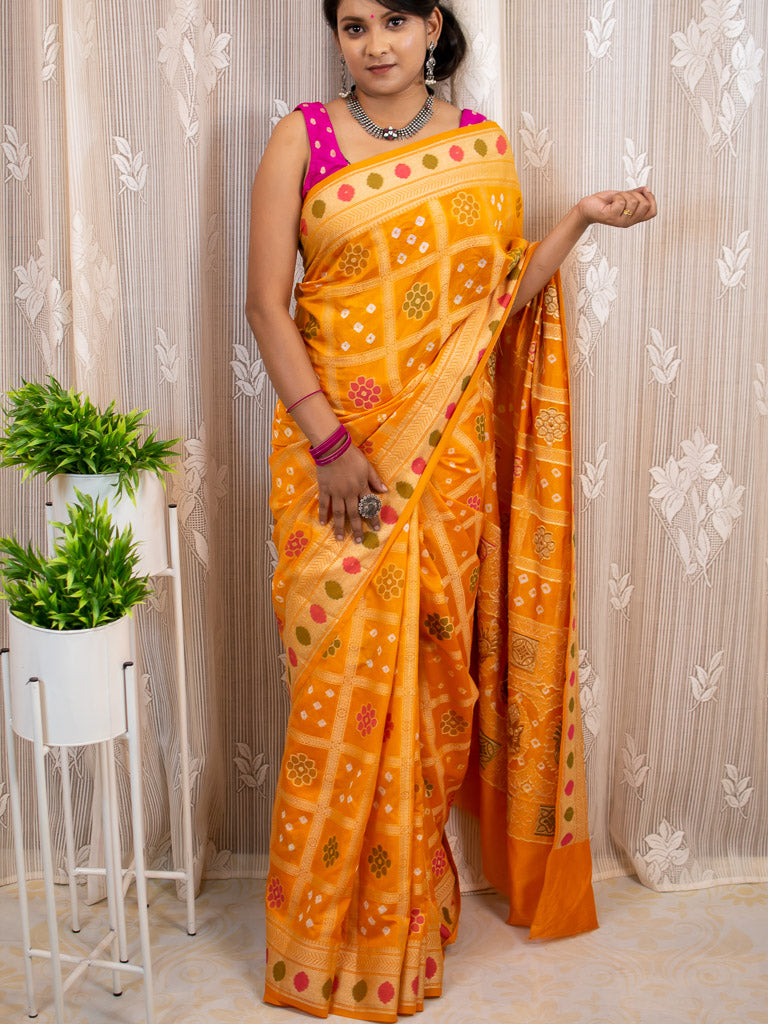 Banarasi Semi Silk Bandhini Saree With Zari & Meena Weaving-Yellow