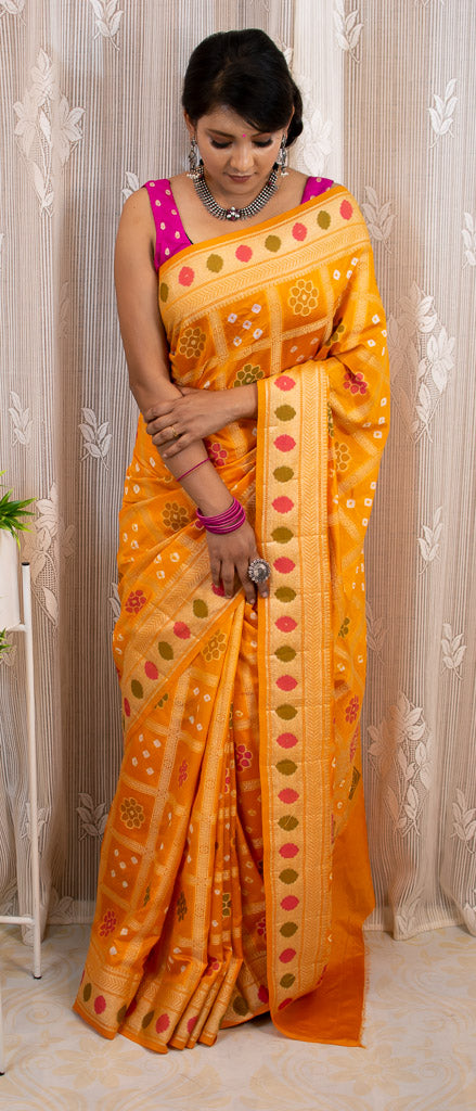 Banarasi Semi Silk Bandhini Saree With Zari & Meena Weaving-Yellow